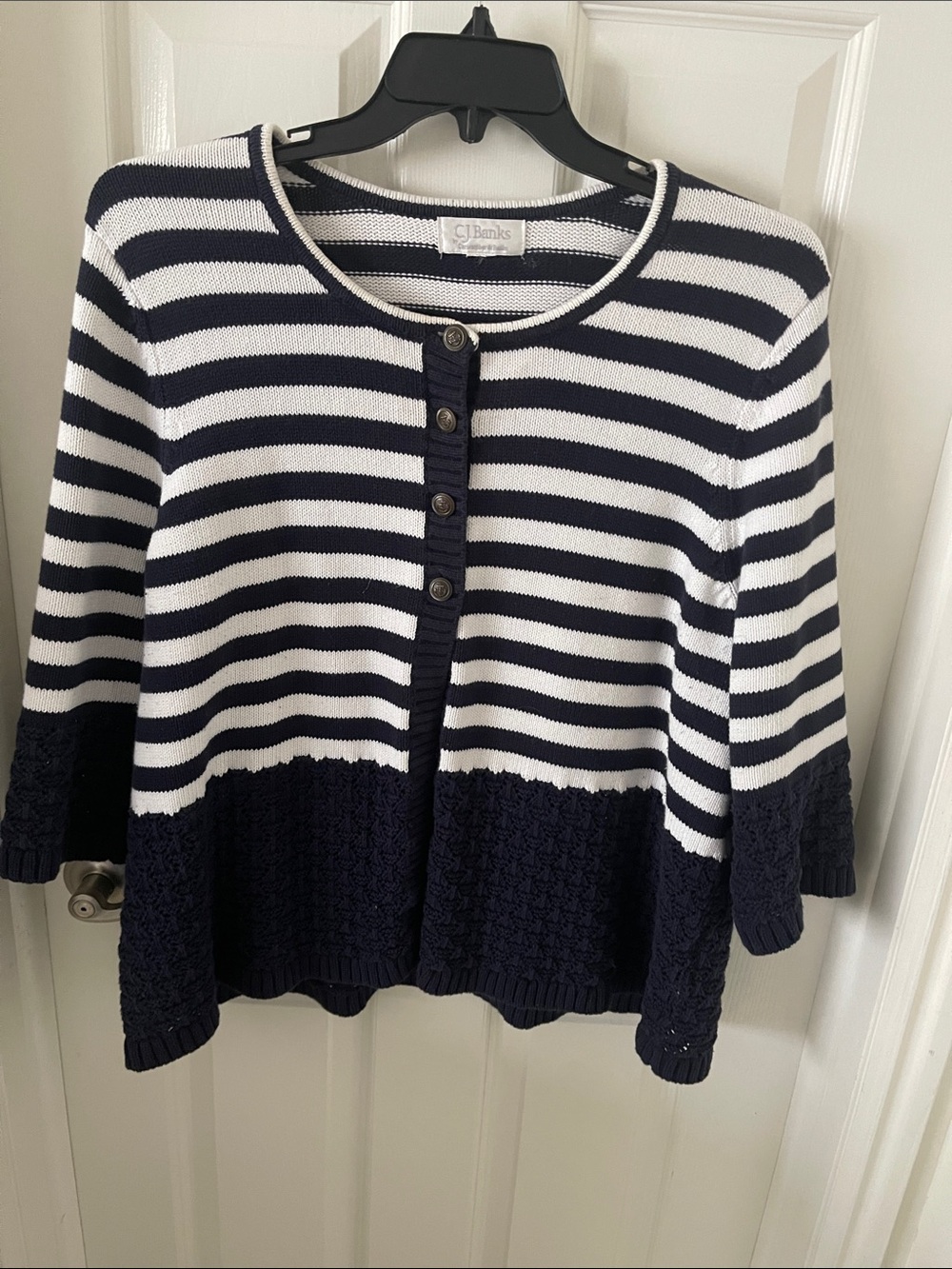 CJ Banks Navy & White Striped Button-Front Knit Top